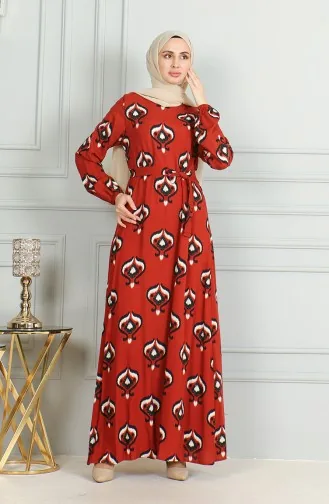 Desenli Kuşaklı Viskon Elbise 0491-04 Kiremit Siyah