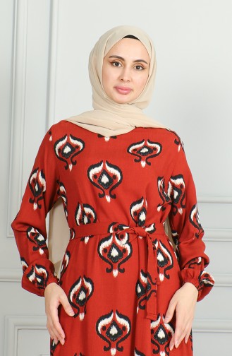 Robe Viscose A Motifs Et Ceinturée 0491-04 Noir Brique 0491-04