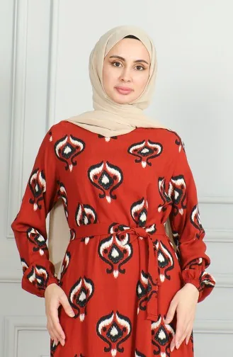 Desenli Kuşaklı Viskon Elbise 0491-04 Kiremit Siyah