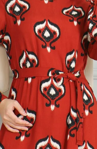 Desenli Kuşaklı Viskon Elbise 0491-04 Kiremit Siyah