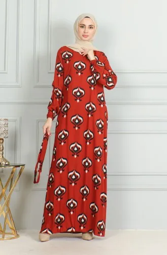 Desenli Kuşaklı Viskon Elbise 0491-04 Kiremit Siyah