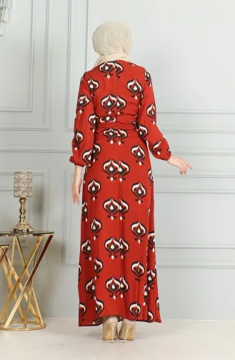 Desenli Kuşaklı Viskon Elbise 0491-04 Kiremit Siyah