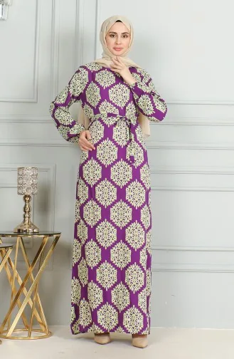 Desenli Kuşaklı Viskon Elbise 0493-01 Mor Yeşil