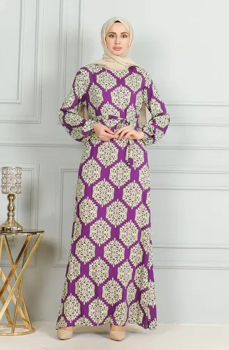 Desenli Kuşaklı Viskon Elbise 0493-01 Mor Yeşil