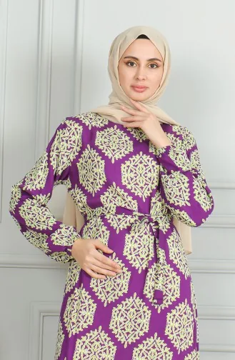 Desenli Kuşaklı Viskon Elbise 0493-01 Mor Yeşil