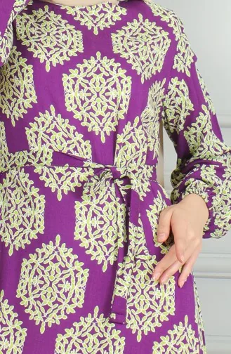 Desenli Kuşaklı Viskon Elbise 0493-01 Mor Yeşil