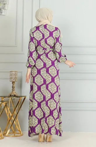 Desenli Kuşaklı Viskon Elbise 0493-01 Mor Yeşil