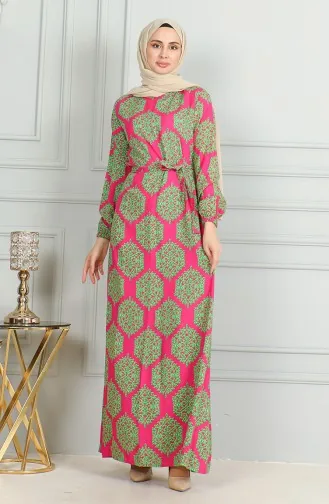Desenli Kuşaklı Viskon Elbise 0493-02 Fuşya Yeşil