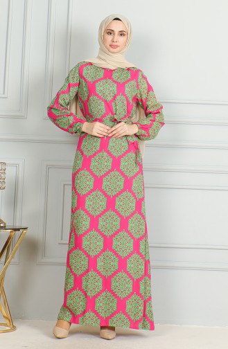 Robe Viscose A Motifs Et Ceinturée 0493-02 Vert Fuchsia 0493-02