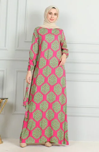 Desenli Kuşaklı Viskon Elbise 0493-02 Fuşya Yeşil