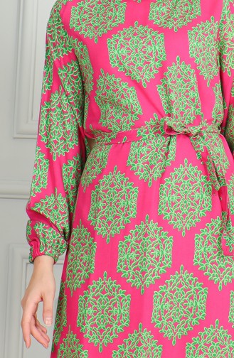 Robe Viscose A Motifs Et Ceinturée 0493-02 Vert Fuchsia 0493-02