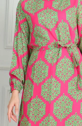 Desenli Kuşaklı Viskon Elbise 0493-02 Fuşya Yeşil