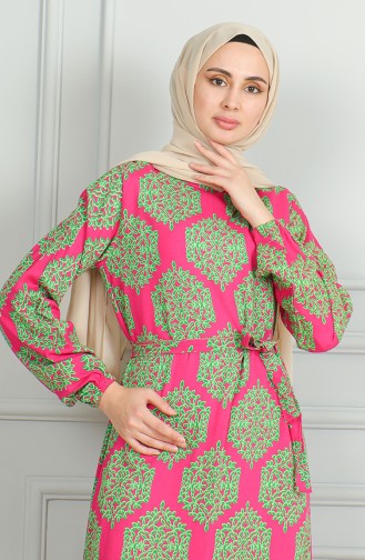Robe Viscose A Motifs Et Ceinturée 0493-02 Vert Fuchsia 0493-02