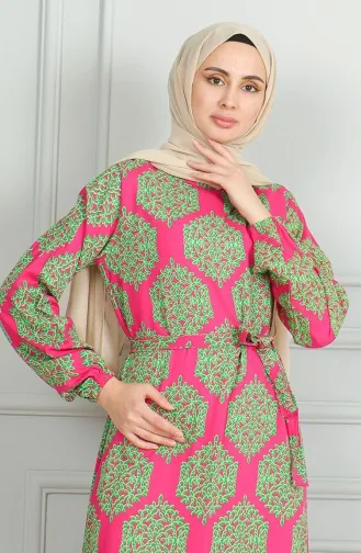 Desenli Kuşaklı Viskon Elbise 0493-02 Fuşya Yeşil
