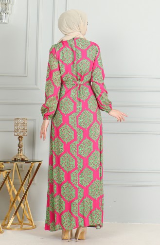 Robe Viscose A Motifs Et Ceinturée 0493-02 Vert Fuchsia 0493-02