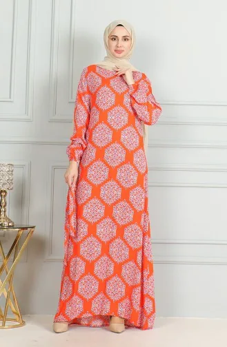 Desenli Kuşaklı Viskon Elbise 0493-03 Oranj Mor