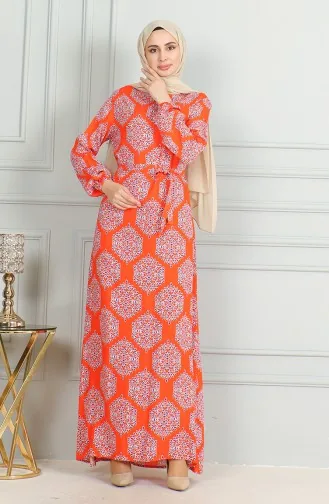 Desenli Kuşaklı Viskon Elbise 0493-03 Oranj Mor