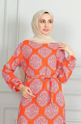 Desenli Kuşaklı Viskon Elbise 0493-03 Oranj Mor