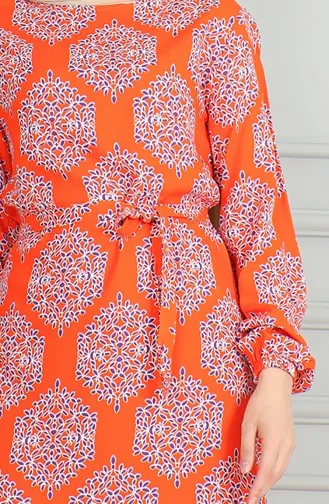 Desenli Kuşaklı Viskon Elbise 0493-03 Oranj Mor