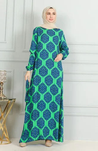 Desenli Kuşaklı Viskon Elbise 0493-04 Zümrüt Yeşili Saks