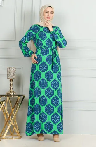Desenli Kuşaklı Viskon Elbise 0493-04 Zümrüt Yeşili Saks
