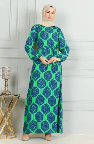 Desenli Kuşaklı Viskon Elbise 0493-04 Zümrüt Yeşili Saks