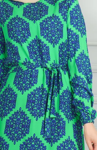 Desenli Kuşaklı Viskon Elbise 0493-04 Zümrüt Yeşili Saks