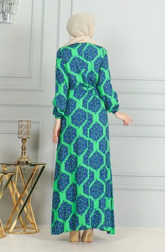 Desenli Kuşaklı Viskon Elbise 0493-04 Zümrüt Yeşili Saks
