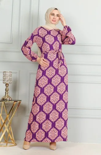 Gemustertes Viskosekleid Mit Gürtel 0493-05 Lila Ziegelstein 0493-05