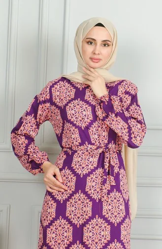 Gemustertes Viskosekleid Mit Gürtel 0493-05 Lila Ziegelstein 0493-05