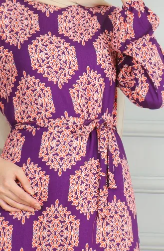 Gemustertes Viskosekleid Mit Gürtel 0493-05 Lila Ziegelstein 0493-05