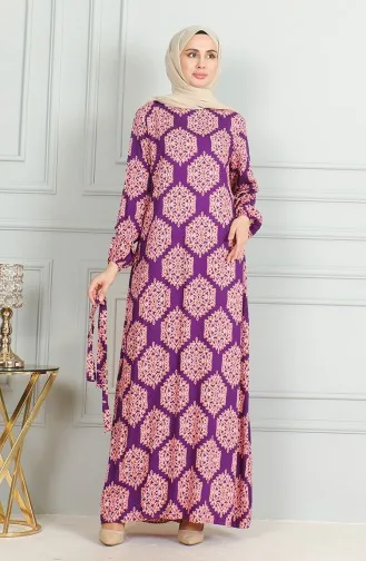 Gemustertes Viskosekleid Mit Gürtel 0493-05 Lila Ziegelstein 0493-05