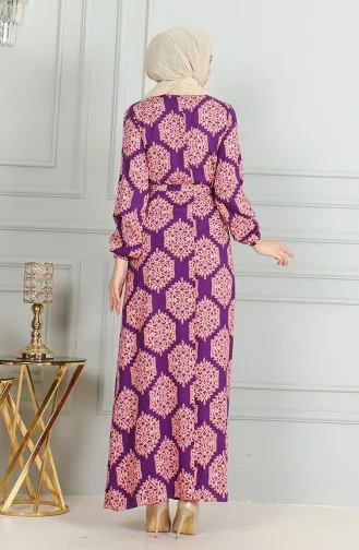 Gemustertes Viskosekleid Mit Gürtel 0493-05 Lila Ziegelstein 0493-05