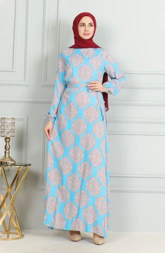 Desenli Kuşaklı Viskon Elbise 0493-06 Turkuaz Kiremit