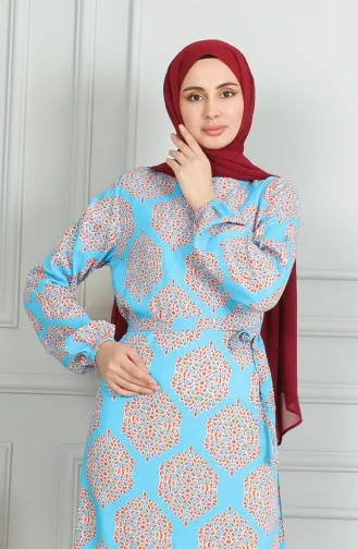 Desenli Kuşaklı Viskon Elbise 0493-06 Turkuaz Kiremit