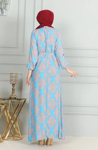 Desenli Kuşaklı Viskon Elbise 0493-06 Turkuaz Kiremit