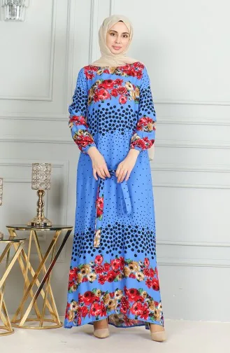 Gemustertes Viskosekleid Mit Gürtel Und Elastischen Ärmeln 0494-01 Indigo 0494-01