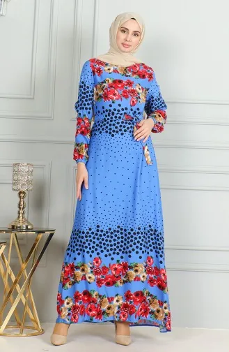 Gemustertes Viskosekleid Mit Gürtel Und Elastischen Ärmeln 0494-01 Indigo 0494-01