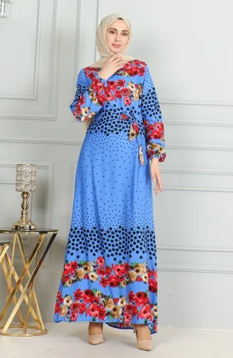 Gemustertes Viskosekleid Mit Gürtel Und Elastischen Ärmeln 0494-01 Indigo 0494-01