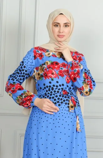 Gemustertes Viskosekleid Mit Gürtel Und Elastischen Ärmeln 0494-01 Indigo 0494-01