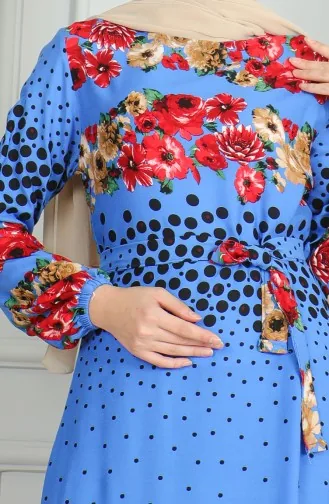 Gemustertes Viskosekleid Mit Gürtel Und Elastischen Ärmeln 0494-01 Indigo 0494-01