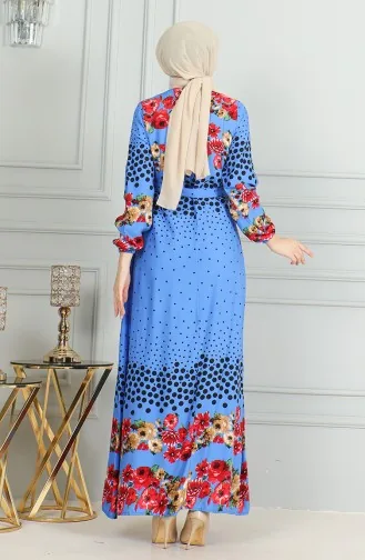 Gemustertes Viskosekleid Mit Gürtel Und Elastischen Ärmeln 0494-01 Indigo 0494-01