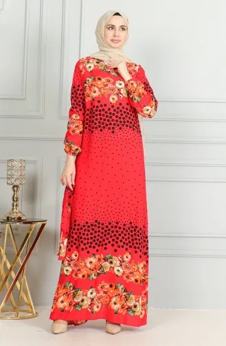 Robe Viscose à Motifs Et Manches élastiquées 0494-02 Rouge 0494-02