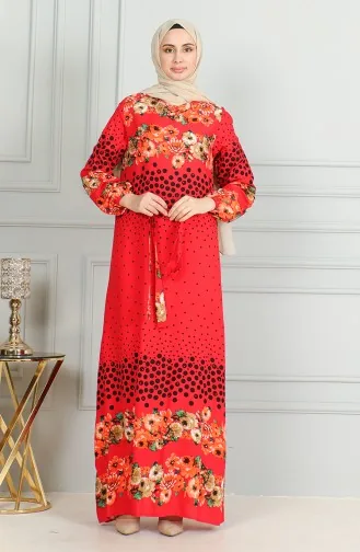 Robe Viscose à Motifs Et Manches élastiquées 0494-02 Rouge 0494-02