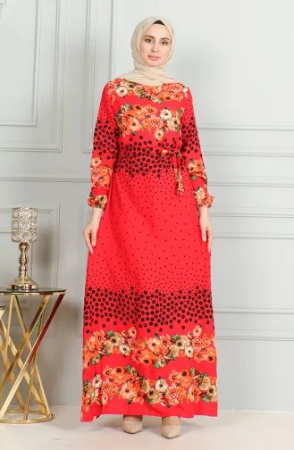 Robe Viscose à Motifs Et Manches élastiquées 0494-02 Rouge 0494-02