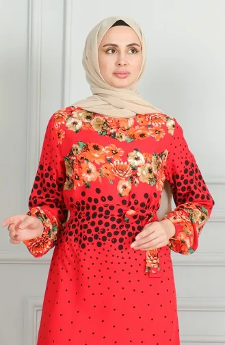 Robe Viscose à Motifs Et Manches élastiquées 0494-02 Rouge 0494-02