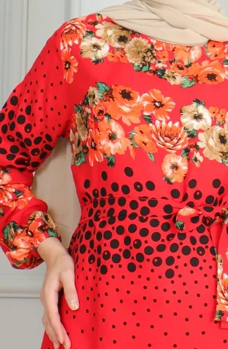 Robe Viscose à Motifs Et Manches élastiquées 0494-02 Rouge 0494-02