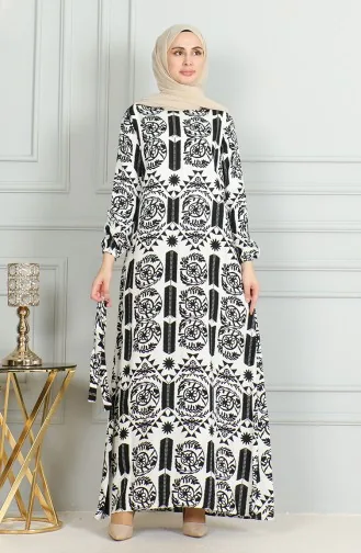 Robe Viscose A Motifs Et Ceinturée 0499-02 Blanc Noir 0499-02