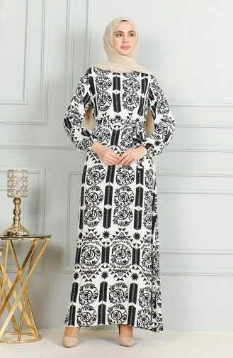 Robe Viscose A Motifs Et Ceinturée 0499-02 Blanc Noir 0499-02