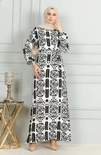 Robe Viscose A Motifs Et Ceinturée 0499-02 Blanc Noir 0499-02